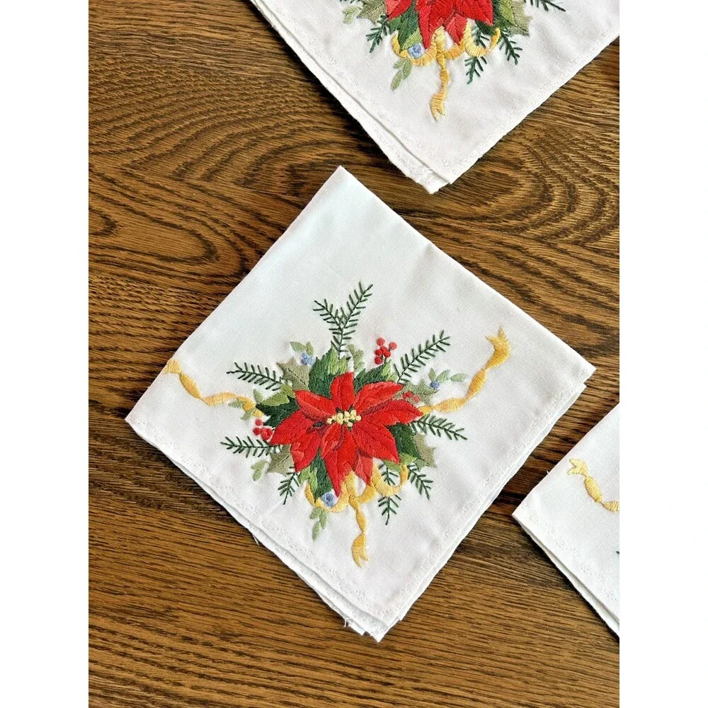 Lot of 4 Holiday Embrodered Cloth Napkins w/ Poinsetta & Gold Ribbon Design